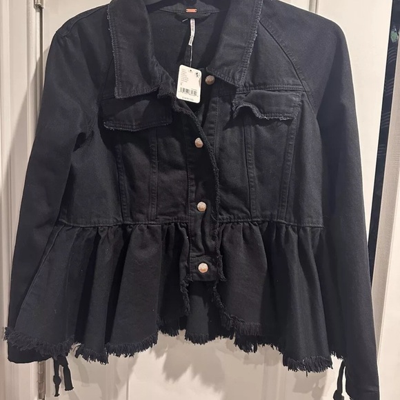 Free People Willow Black Denim Peplum Raw Hem Lace Up Cuff Jacket Sz S NWT $168 - Picture 4 of 7